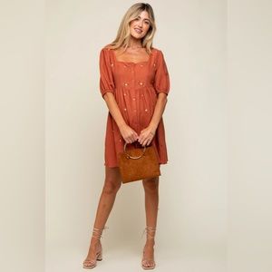 Pinkblush Maternity: Rust Ribbed Button Front Flower Embroidered Maternity Dress